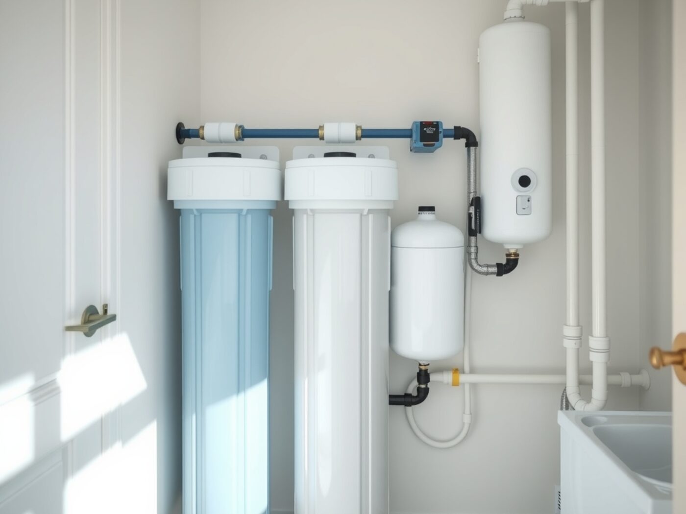 Whole-home water filtration system installed in a utility room