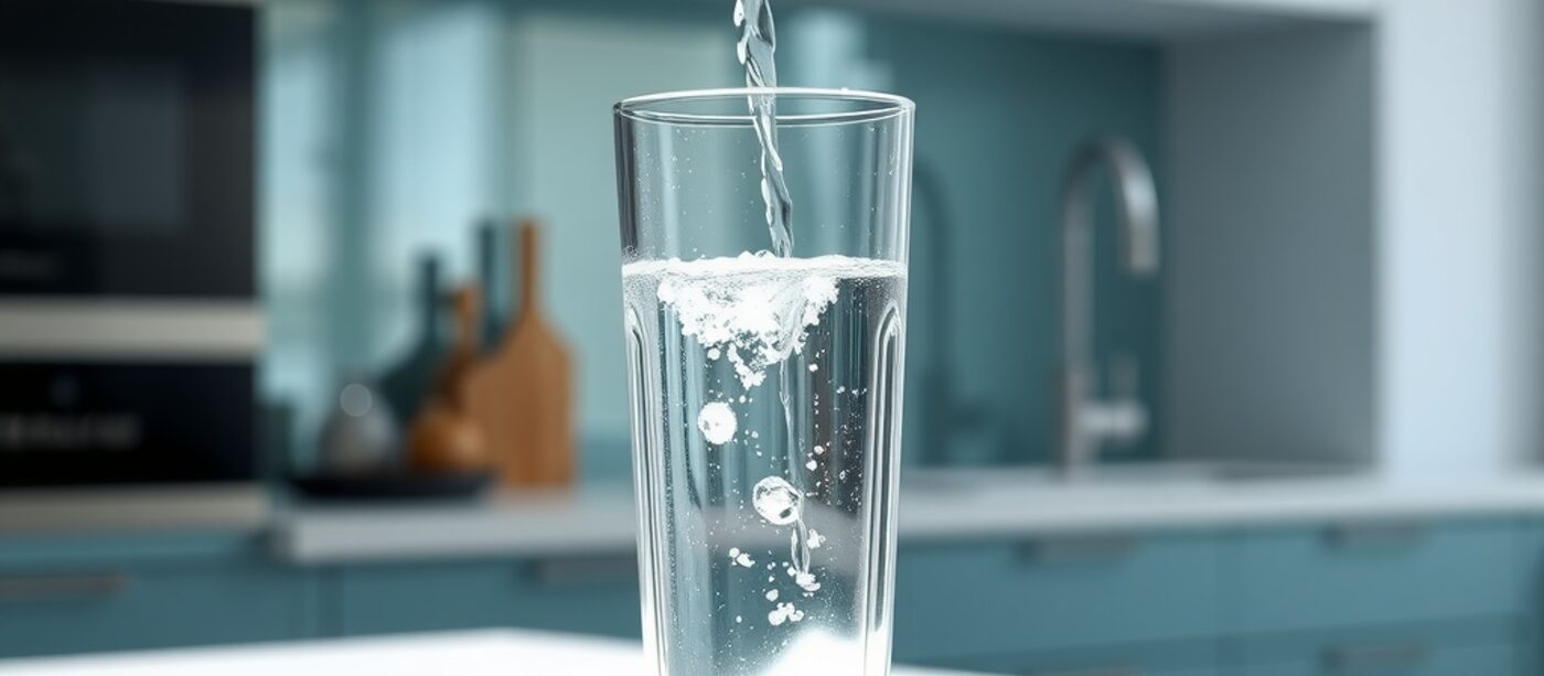 Clean filtered water poured into a glass in a modern kitchen